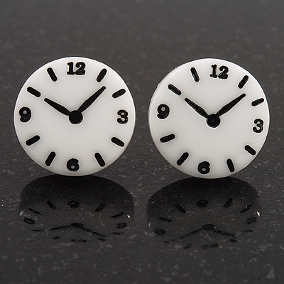 Funky Black/White Acrylic 'Clock' Stud Earrings - 17mm Diameter - main view