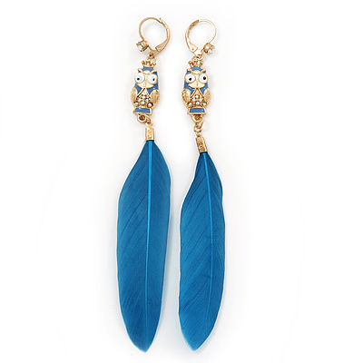 Funky Long Blue 'Owl' Feather Earrings In Gold Plating - 12cm Length - main view