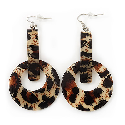 Long Leopard Print Acrylic Hoop Earrings (Silver Tone Finish) - 8.5cm Drop - main view
