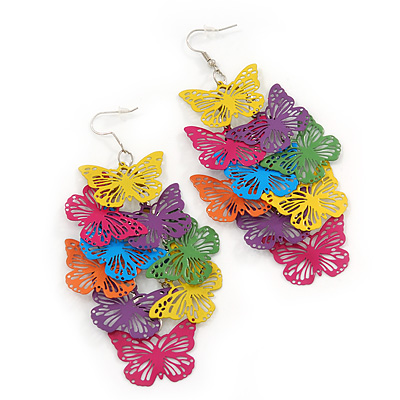 Long Multicoloured Enamel 'Butterfly' Drop Earrings - 9cm Length - main view