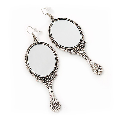 Unique Vintage 'Mirror' Drop Earrings In Silver Plated Metal - 9cm Length - main view