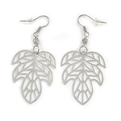 Silver Tone Lightweight 'Oak' Leaf Drop Earrings - 5.5cm Length - main view