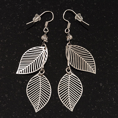 Silver Plated Filigree 'Leaf' Drop Earrings - 6cm Length - main view