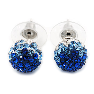 Royal Blue/Sky Blue/Clear Swarovski Crystal Ball Stud Earrings In Silver Plated Finish -10mm Diameter - main view