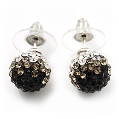 Black/Grey/Clear Swarovski Crystal Ball Stud Earrings In Silver Plated Finish -10mm Diameter - main view