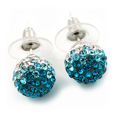 Teal/Light Blue/Clear Swarovski Crystal Ball Stud Earrings In Silver Plated Finish -10mm Diameter
