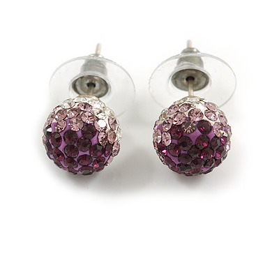 Deep Purple/Lavender/Clear Crystal Ball Stud Earrings In Silver Plated Finish -10mm Diameter