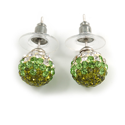 Olive/Grass Green/ Clear Crystal Ball Stud Earrings In Silver Plated Finish -10mm Diameter - main view