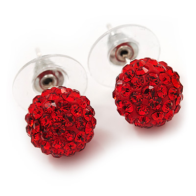 Red Swarovski Crystal Ball Stud Earrings In Silver Plated Finish - 9mm Diameter - main view