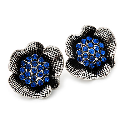 Navy Blue Crystal Textured Flower Stud Earrings In Burn Silver Finish - 2cm Diameter - main view