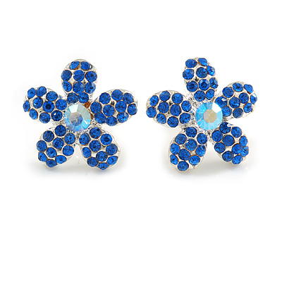 Blue Crystal 'Daisy' Floral Stud Earrings In Silver Metal - 15mm Diameter - main view