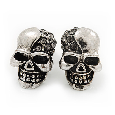Small Diamante 'Skull' Stud Earrings In Burn Silver Finish - 15mm Length - main view