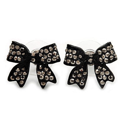Small Black Diamante 'Bow' Stud Earrings - 15mm Length - main view