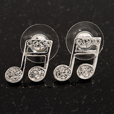Small Diamante 'Musical Notes' Stud Earrings In Silver Metal - 13mm Length - main view