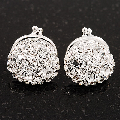 Clear Crystal 'Purse' Stud Earrings In Silver Tone Metal - 15mm Diameter - main view