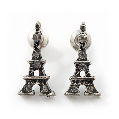 Small Diamante 'Eiffel Tower' Stud Earrings In Burn Silver Finish - 1.7cm Length - main view