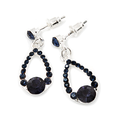 Dark Blue Crystal Teardrop Silver Tone Earrings - 3cm Length - main view