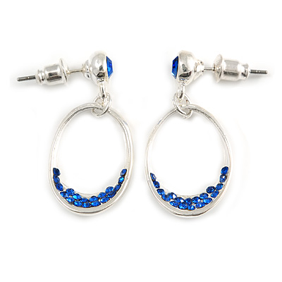 Royal Blue Crystal Oval Silver Tone Earrings - 3cm Length - main view