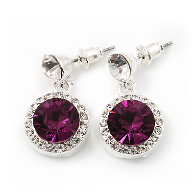 Round Purple/Clear Crystal Stud Earring In Silver Metal - 2.5cm Drop - main view
