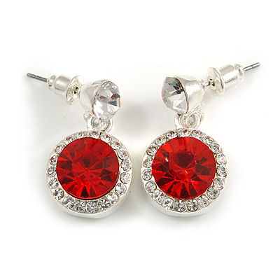 Round Red/ Clear Crystal Stud Earring In Silver Metal - 2.5cm Drop