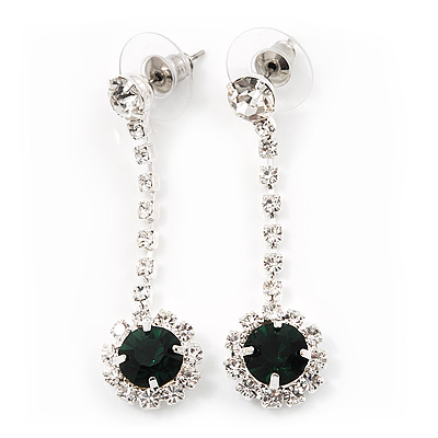 Clear/Emerald Green Crystal Drop Earrings In Silver Finish - 4.5cm Length - main view