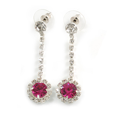 Clear/Fuchsia Crystal Drop Earrings In Silver Finish - 4.5cm Length - main view