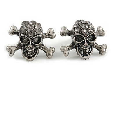 Small Burn Silver Diamante 'Skull & Crossbones' Stud Earrings - 12mm Length - main view