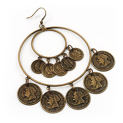 Large Coin Hoop Earrings In Bronze Finish - 9.5cm Length - main view