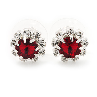 Small Red/Clear Diamante Stud Earrings In Silver Finish - 10mm Diameter
