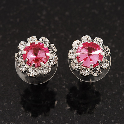 Small Pink Clear Diamante Stud Earrings In Silver Finish - 10mm Diameter - main view
