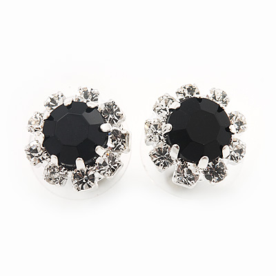 Small Black/Clear Diamante Stud Earrings In Silver Finish - 10mm Diameter - main view