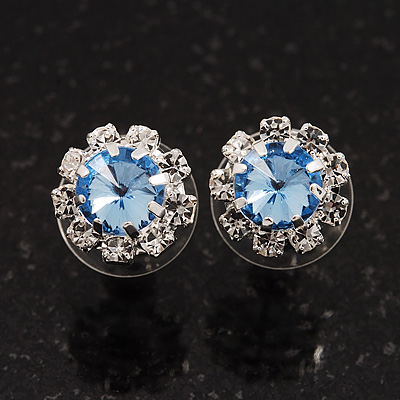 Small Light Blue/Clear Diamante Stud Earrings In Silver Finish - 10mm Diameter - main view