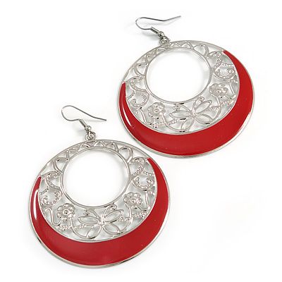 Silver Tone Red Enamel Cut Out Hoop Earrings - 7.5cm Drop - main view