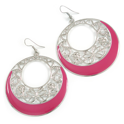 Silver Tone Pink Enamel Cut Out Hoop Earrings - 7.5cm Drop - main view