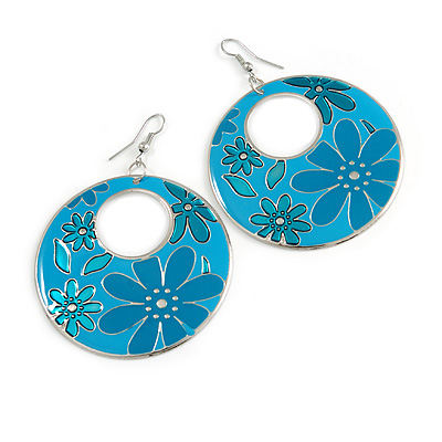 Teal Coloured Enamel Floral Round Drop Earrings In Silver Finish - 7.5cm Length