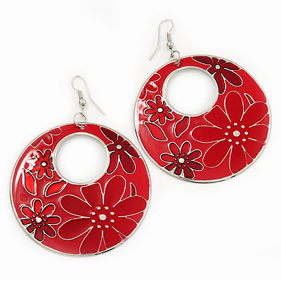 Red Enamel Floral Round Drop Earrings In Silver Finish - 7.5cm Length - main view