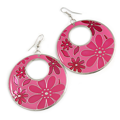 Pink Enamel Floral Round Drop Earrings In Silver Finish - 7.5cm Length - main view