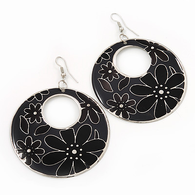 Black Enamel Floral Round Drop Earrings In Silver Finish - 7.5cm Length - main view