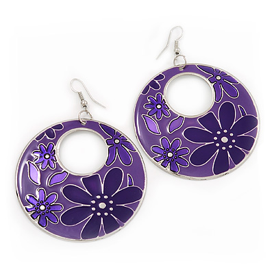 Purple Enamel Floral Round Drop Earrings In Silver Finish - 7.5cm Length - main view
