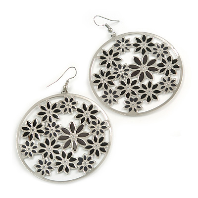 Silver Plated Black Enamel Floral Hoop Earrings - 7.5cm Length - main view