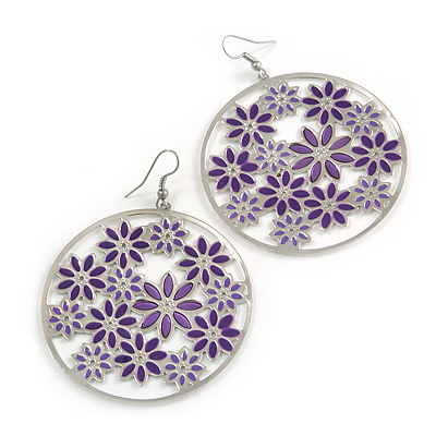 Silver Plated Purple Enamel Floral Hoop Earrings - 7.5cm Length - main view