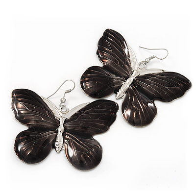 Large Black Enamel 'Butterfly' Drop Earrings In Silver Finish - 5cm Length - main view