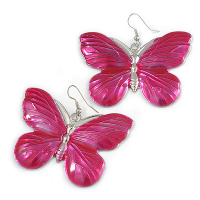 Large Magenta Enamel 'Butterfly' Drop Earrings In Silver Finish - 5cm Length - main view