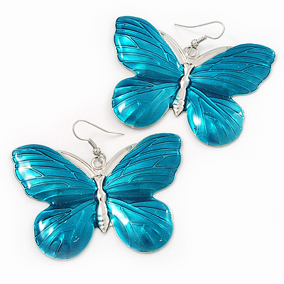 Large Teal Coloured Enamel 'Butterfly' Drop Earrings In Silver Finish - 5cm Length - main view