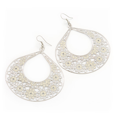 Large Teardrop Milky-White Enamel Floral Hoop Earrings In Silver Finish - 8cm Length - main view