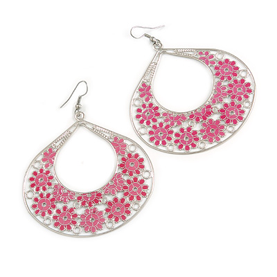 Large Teardrop Pink Enamel Floral Hoop Earrings In Silver Finish - 8cm Length - main view