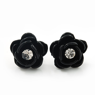 Small Black Enamel Diamante 'Rose' Stud Earrings In Silver Finish - 10mm Diameter - main view
