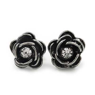 Small Dark Grey Crystal 'Rose' Stud Earrings - 10mm Diameter - main view