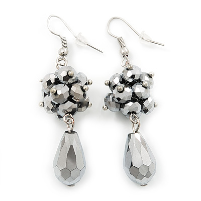 Metallic Silver Glass Beaded Drop Earrings In Silver Plating - 5.5cm Length - main view