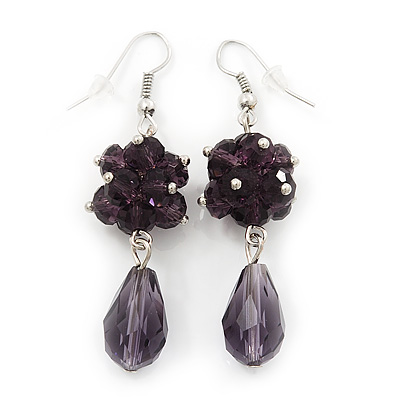 Purple Glass Beaded Drop Earrings In Silver Plating - 5.5cm Length - main view